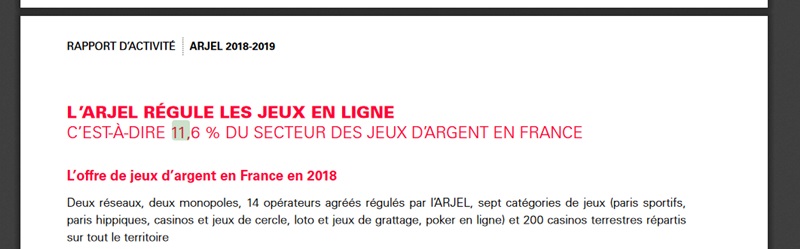 Partie du rapport montrant les 11.6% gérés par l'ARJEL (ANJ)